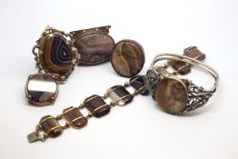 A selection of vintage agate jewellery, banded agate bracelet, brooches and bangle, in yellow and