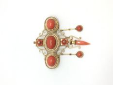 Georgian Continental coral mourning brooch, three coral cabochons, each set with a wirework