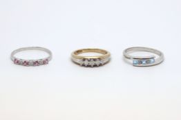 Six gem set rings, including diamonds, sapphires and topaz, all stamped and/or tested as 9ct