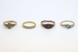 Four gem set rings, including antique ruby and pearl ring a/f (band split), turquoise and pearl