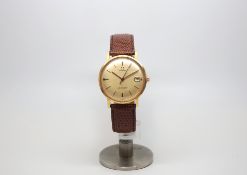 Omega Seamaster 18ct rose gold wristwatch, circular linen dial, rose gold baton hour markers,
