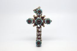 Austro Hungarian Gem set cross, set with foil backed garnets, turquoise and pearls, central cabochon