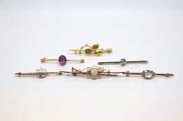 Six antique bar brooches, including diamond set clover brooch, estimated diamond weight 0.15ct,