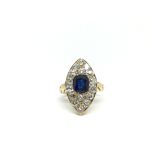 Sapphire and diamond marquise shaped panel ring, central cushion cut sapphire, with certificate