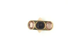 An unusual imperial topaz and garnet intaglio panel ring, central carved garnet intaglio set with