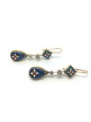 Enamel and diamond drop earrings, each earring set with a red, white and blue enamel pear shaped