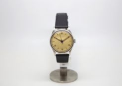 Gentlemen's oversized stainless steel Longines military style watch, circa 1940s, cream faded dial