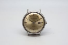 Vintage IWC automatic, circular silvered dial, baton hour markers, date aperture, 35mm stainless