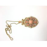 Coral and pearl pendant, large oval panel set with cabochon cut corals and pearl border, removable