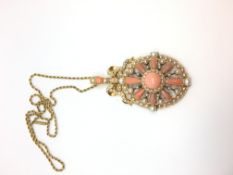 Coral and pearl pendant, large oval panel set with cabochon cut corals and pearl border, removable