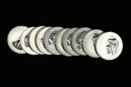 A quantity of 10 Canadian 8 Dollar fine silver coins, 1 1/2 Oz each, 999.9, weighing approximately