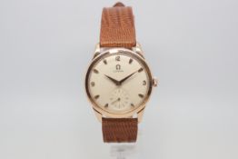 Omega 18ct rose gold, circular dial with rose gold Arabic and dagger hour markers, subsidiary