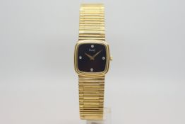 Piaget dress watch, Onyx cushion dial, diamond hour markers, 18ct yellow gold case and bracelet