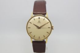 Omega dress watch, Oversized dial with baton hour markers, centre seconds, 34mm gold plated case,