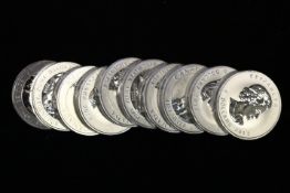 A quantity of 10 Canadian 8 Dollar fine silver coins, 1 1/2 Oz each, 999.9, weighing approximately