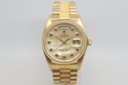 Gentlemen's 18ct Rolex Oyster Perpetual Day Date, mother of pearl dial with emerald dot hour