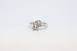 Diamond cluster ring, two rectangular shaped clusters crossover set in 18ct white gold, estimated