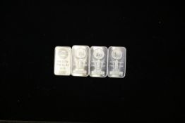 A quantity of 4x 1oz silver bars, 999, weighing approximately 124g gross