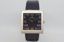 Corum Buckingham wrist watch, square black dial with Roman numerals, 37mm stainless steel square