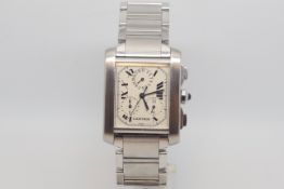 Cartier santos chronograph, white dial with three subsidiary dials, Roman numerals, 30mm stainless