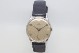 Vintage Omega wristwatch, circular silvered dial with baton and Arabic hour markers, outer seconds