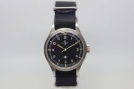 Vintage Military Omega 53 'Fat Arrow', black circular dial marked with British military crows foot