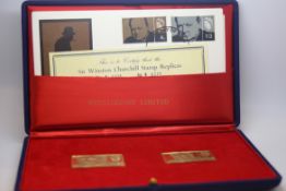 Sir Winston Churchill stamp replicas, in 18ct yellow gold, with box and papers