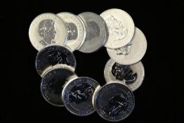 A quantity of 10 Canadian 8 Dollar fine silver coins, 1 1/2 Oz each, 999.9, weighing approximately