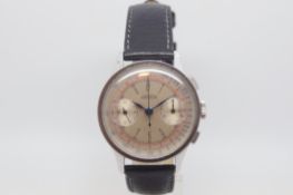 Vintage Angelus chronograph, silvered dial with Arabic numerals, twin register chronograph, gun