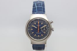 Vintage Longines Conquest chronograph, circular blue dial with single subsidiary chronograph dial to