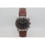 Rare Gentleman Angelus Chronograph watch, circa 1940s, black gloss dial twin registers, Arabic