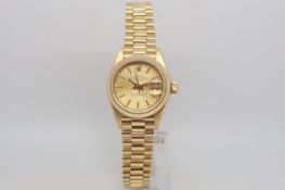 Ladies 18ct Rolex Oyster Perpetual Date Just, champagne pin stripe dial with baton hour markers,