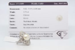 Art Deco Diamond and Pearl panel ring. The Pearl accompanied with GCS certificate stating the