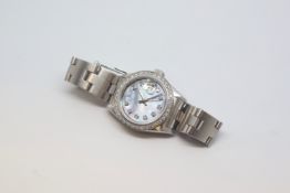 Ladies Rolex Oyster Perpetual Date Just, dark mother pearl diamond dot dial with diamond outer