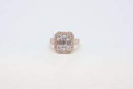 Diamond cluster ring, central cluster set with baguette and round brilliant cut diamonds, set in