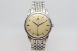 Vintage Omega wristwatch, circular dial with silvered baton hour markers, heavy bezel, 34mm