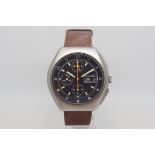 Gentlemen's Military Tutima Chronograph Stainless steel watch circa 1980s, Black dial with three