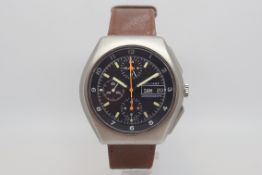 Gentlemen's Military Tutima Chronograph Stainless steel watch circa 1980s, Black dial with three