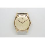 Gentlemen's Omega 9ct Gold Vintage Wristwatch, circular beige dial with gold baton hour markers