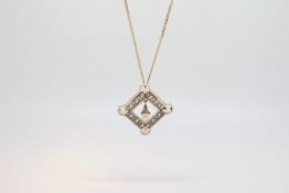 Diamond, pearl and enamel pendant, square design, openwork rose cut diamond surround, inner and