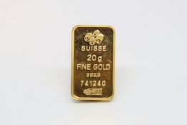 Gold bullion, marked 'SUISSE 20G Fine gold 999.9 741240'