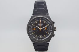Vintage Heuer PVD chronograph, circular black dial, with two subsidiary dials, orange subsidiary and