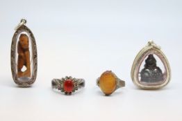 A selection of silver items including 2 reliquaries, a carved agate ring and another agate ring,