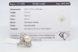 Art Deco diamond and pearl panel ring, the pearl accompanied with GCS certificate stating the