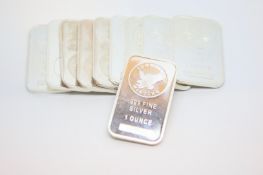 Selection of ten 'Sunshine Minting', fine silver 1 ounce bars, approximately 312g gross