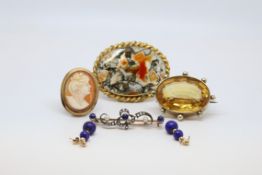 Pair of lapis lazuli drop earrings, four brooches, including a sapphire and diamond bar brooch, an