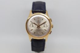 Vintage Dreffa Geneve chronograph, silvered dial with gilt baton hour markers, two subsidiary