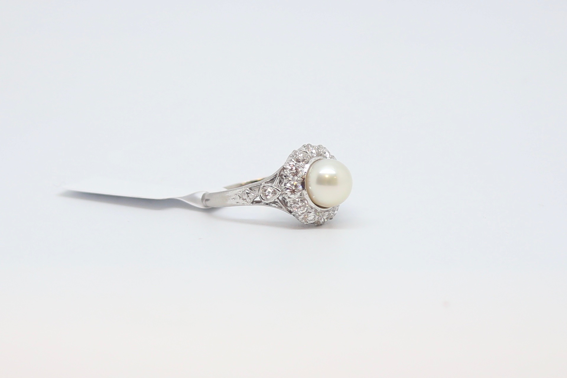 Pearl and diamond cluster ring, 7.25mm pearl set within a cluster of brilliant cut diamonds, - Image 4 of 4