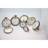 Six silver pocket/fob watches including Waltham, approximately 444g gross