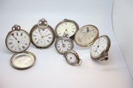 Six silver pocket/fob watches including Waltham, approximately 444g gross